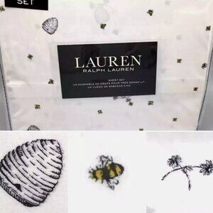 Ralph Lauren QUEEN Sheet Set Bumble Bee Hive Flowers 100% Cotton 18" Deep Fitted